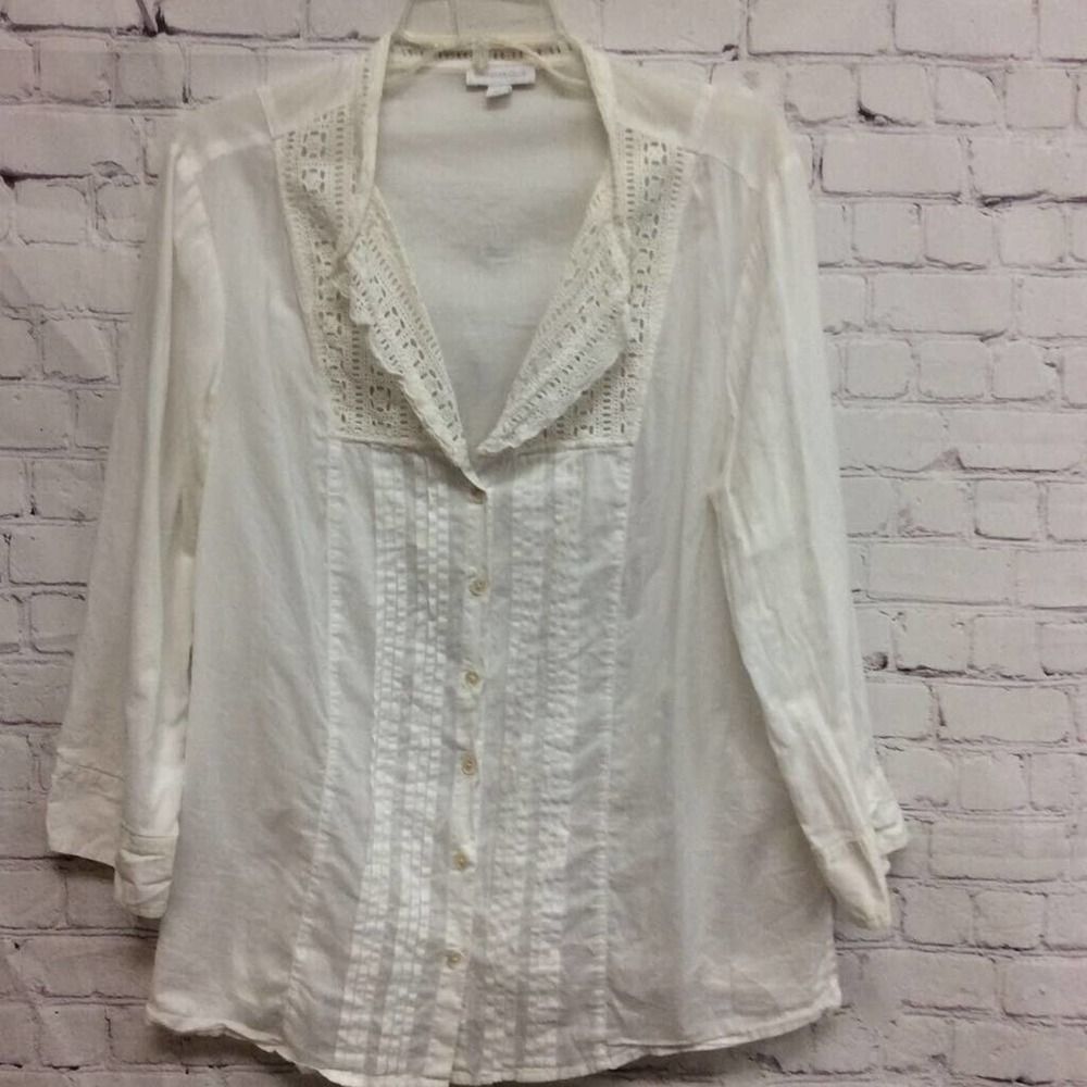 Charter Club Womens Button Front Shirt White Long Sleeve Cuff V Neck Crochet 16